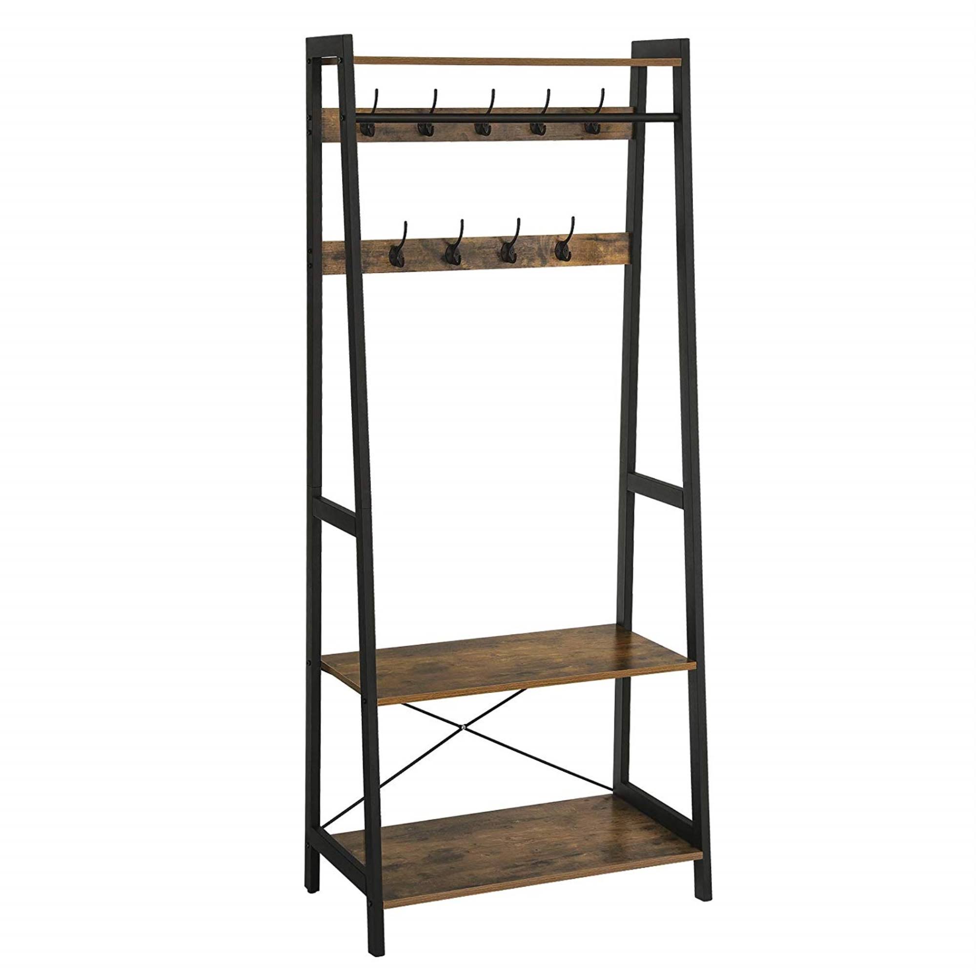 Iron Framed Coat Rack with Two Storage Shelves and Hanging Rail Brown and Black