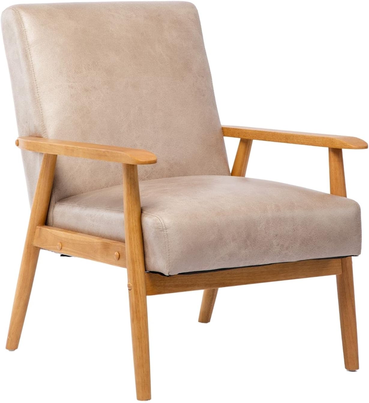 Mid Century Retro Accent Chair Wood Frame Arm Chair Faux Leather Modern Lounge Chair for Living Room Bedroom Balcony (Brown)