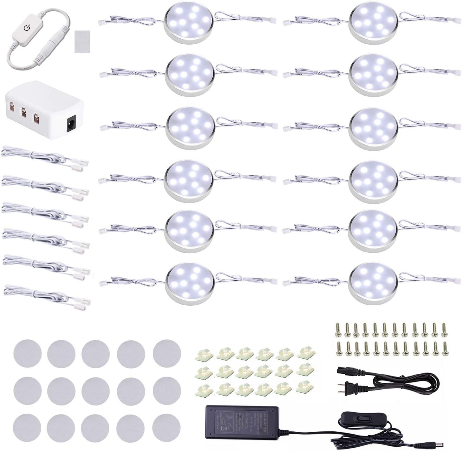 Puck Lights Under Cabinet Lighting,12V LED Dimmable Kitchen Counter Lights Wired,Perfect for Closet Shelf Cupboard Bookcase Display Lighting,All Kits Included 12 Pack (Daywhite)