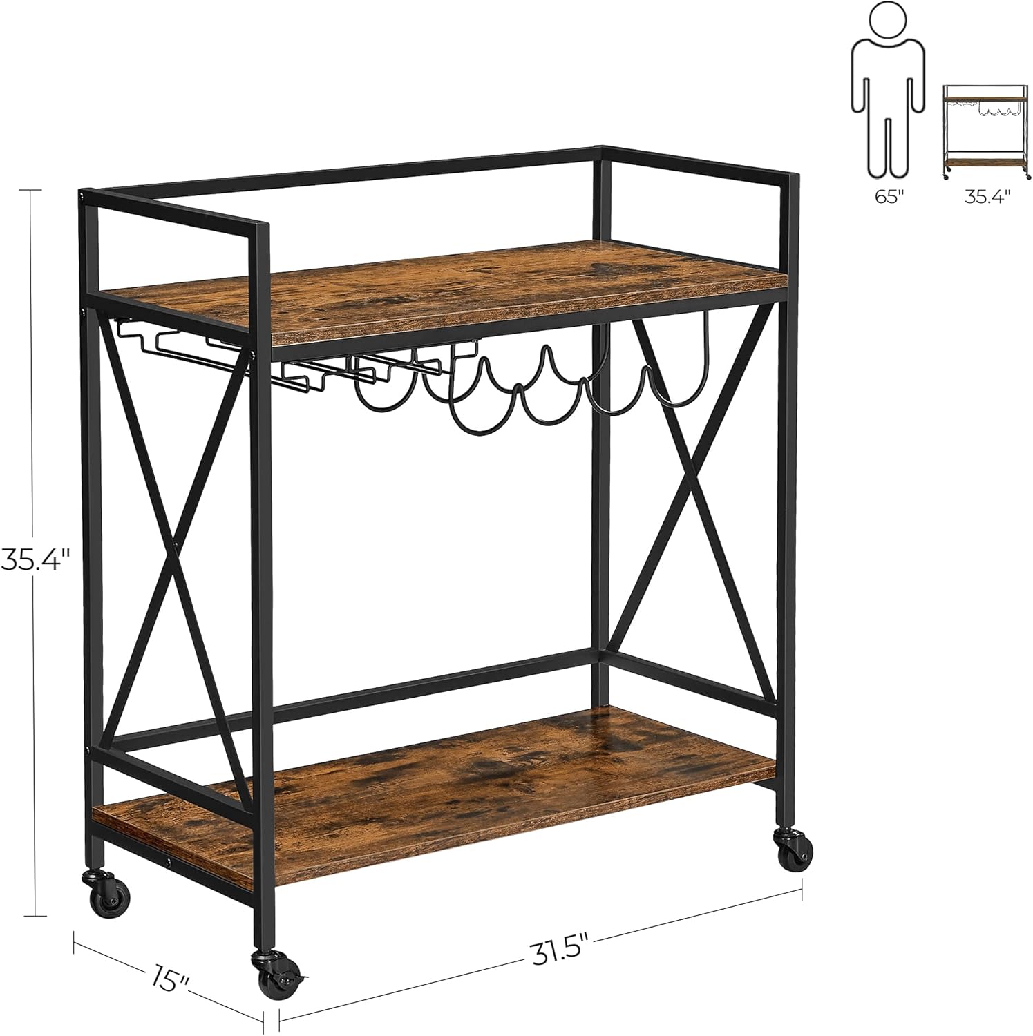 VASAGLE Bar Cart, Serving Cart, Mobile Kitchen Shelf with Glass Stemware Rack and Wine Bottle Holders, Industrial, Rustic Brown and Black ULRC088B01