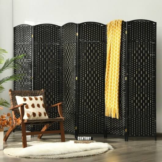 6.5ft 6-Panel Weave Folding Fiber Room Divider Screen-Black