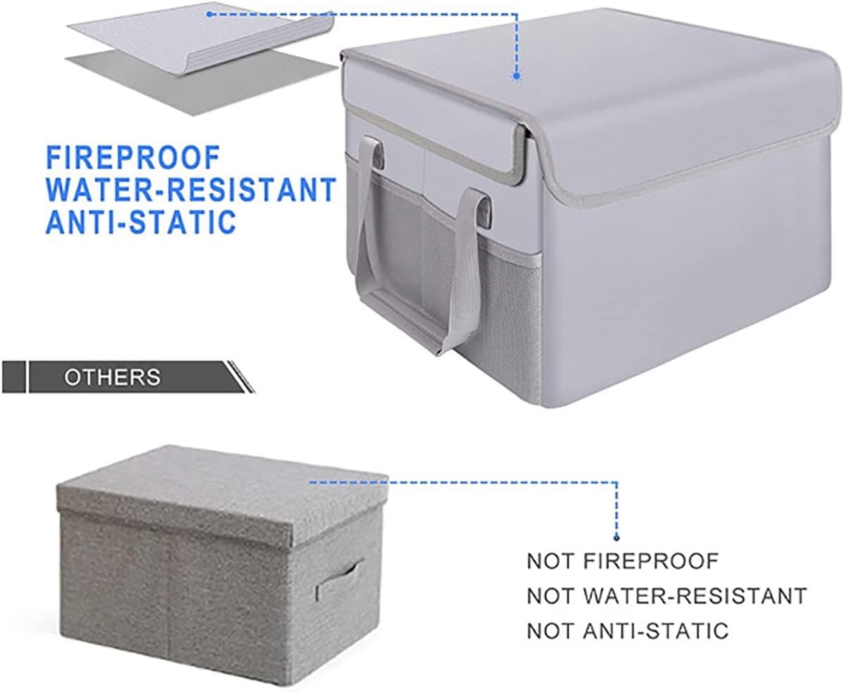 Fireproof File Storage Organizer Box with Lid,Collapsible Document Storage Filing Box for Hanging Letter/Legal Folder,Portable Home Office Safe Box Bin Cabinet with Handle(Grey) Pack of 2