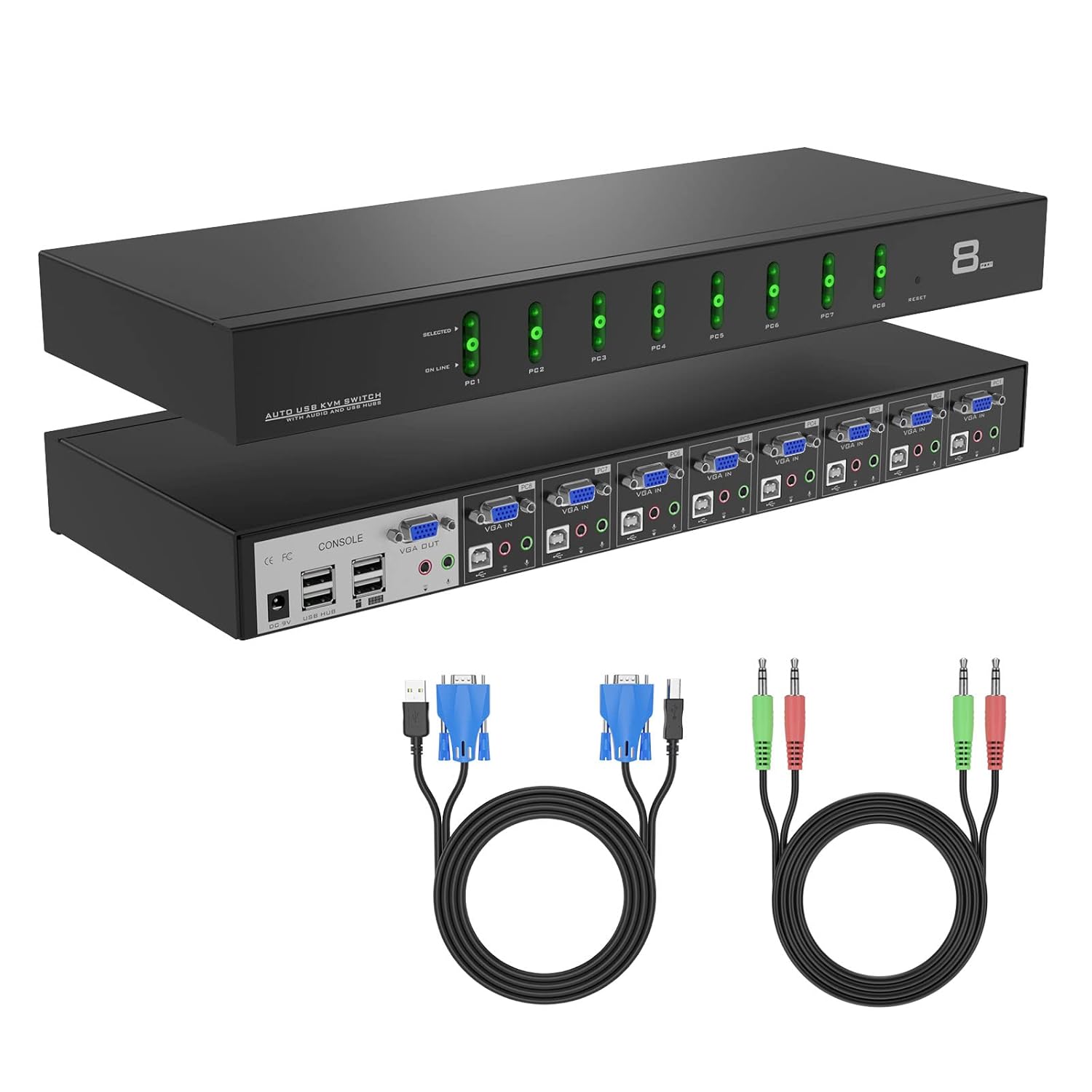 MT-VIKI 8 Port VGA KVM Switch - 1U Rack Mount - USB VGA KVM Switch with Audio & Cables - 1920 x 1440 @60hz - KVM Video Switch