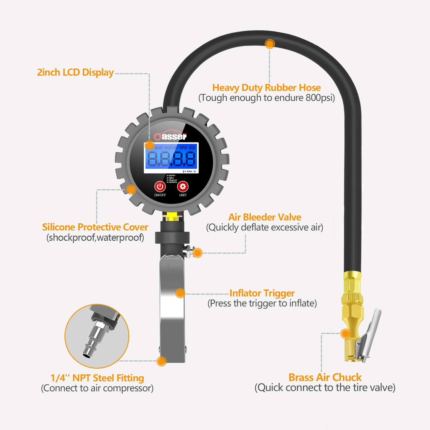 Oasser Tire Inflator with Gauge Tire Pressure Gauge Inflator 255PSI Air Compressor Accessories with Brass Air Chuck Dual Head Air Chuck 1/4