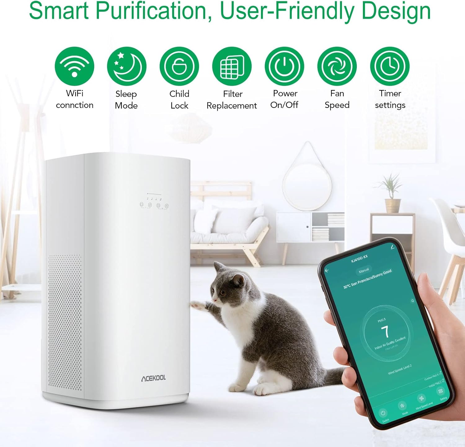 ACEKOOL Smart Air Purifiers for Home Large Room up to1615 ft&sup2; with H13 HEPA Filter, APP & Alexa Voice Control, Smart Air Quality Indicator, Sleep Mode, Timer Setting, Child Lock, Removes 99.97% of Dust, Pet Danders, Smoke