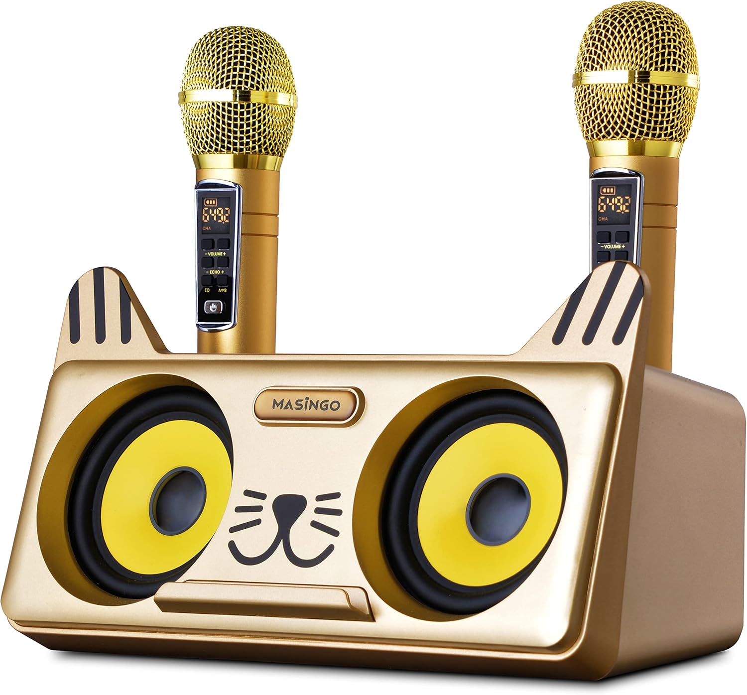 MASINGO Portable Kitty Cat Karaoke Machine for Kids, Children, & Toddlers w/ Bluetooth Speakers, 2 Wireless Microphones, PA System & Karaoke Song Mode for Boys & Girls - Spinto G3