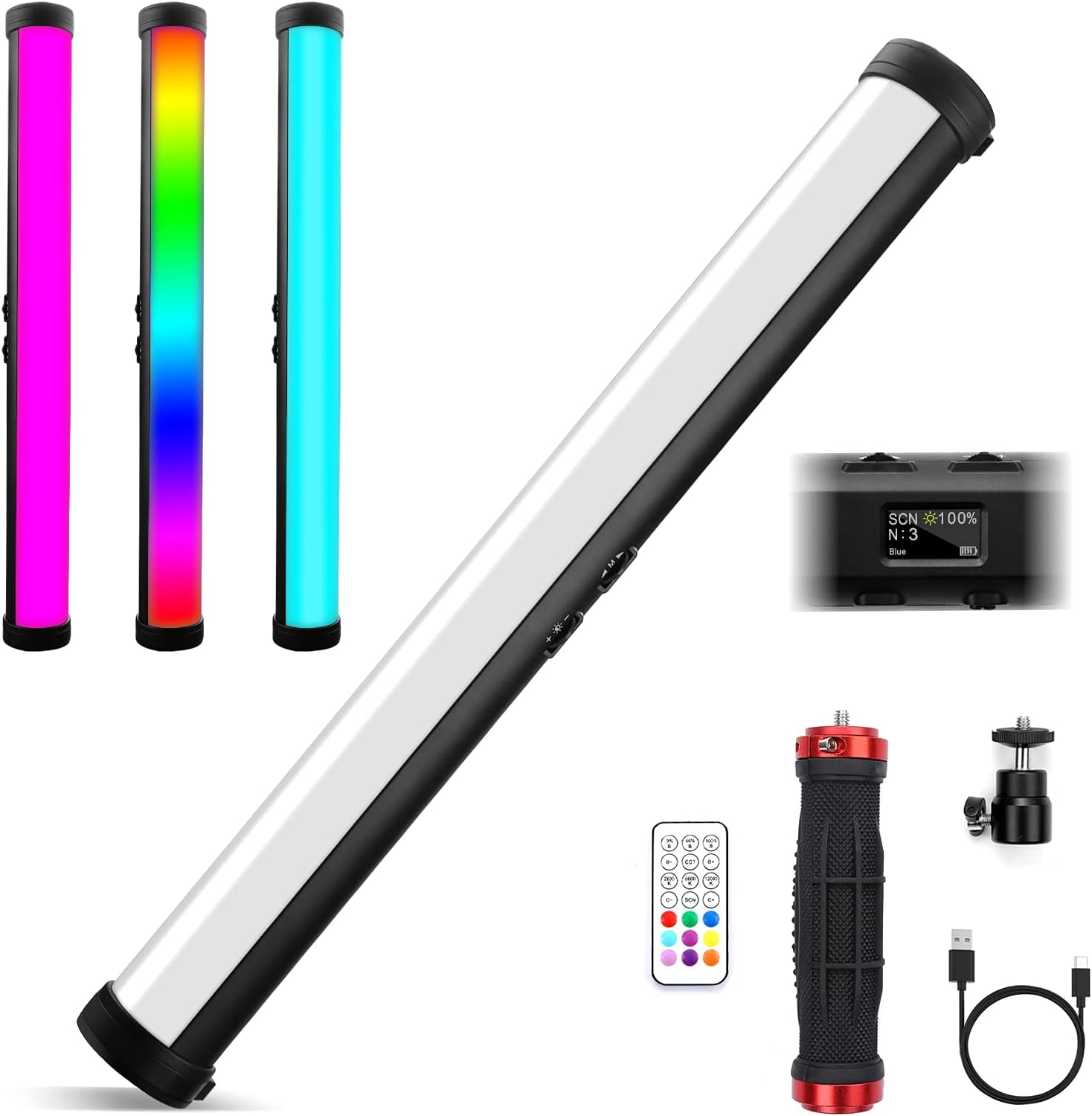 RGB Led Video Light Stick Wand, Obeamiu 2600-12000K Portable Studio Photography Lighting, 4000mAh Rechargeable Battery, 15 Lights Effects for YouTube, Painting, Vlog, Live Streaming, Self Broadcasting Pack of 2