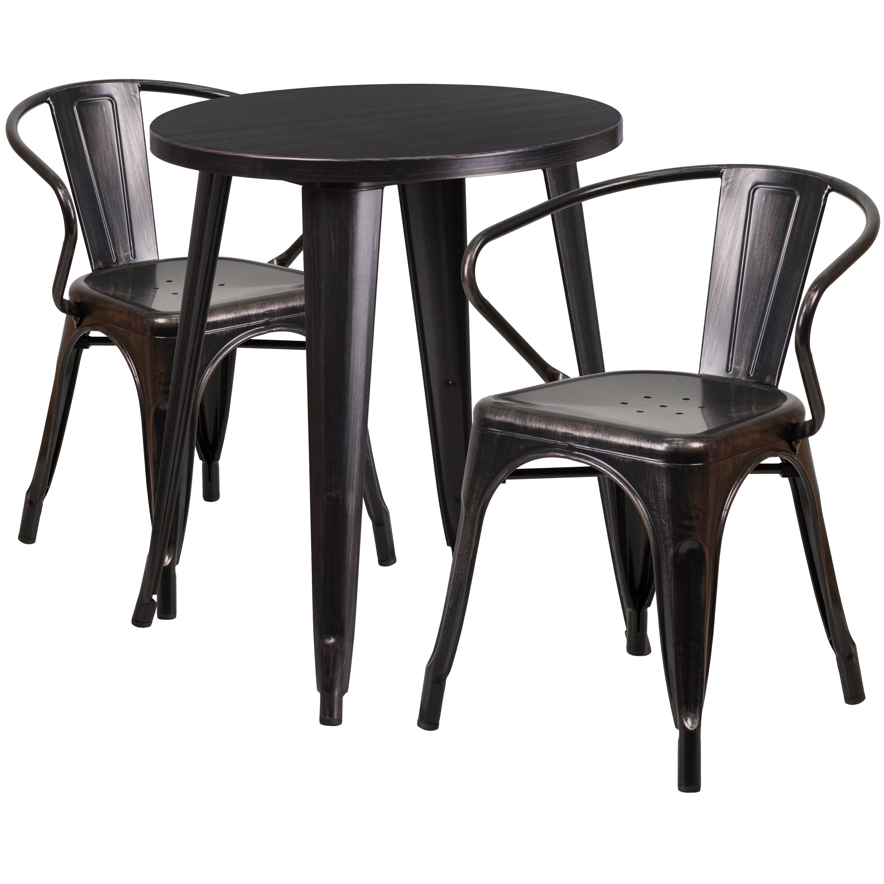 Flash Furniture 24 in. Round Metal Indoor/Outdoor Table Set with 2 Arm Chairs, Black/Antique Gold