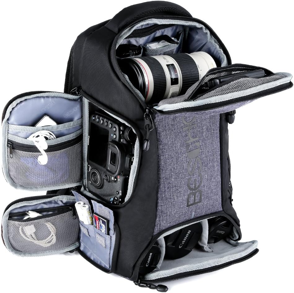 Camera Backpack, Beschoi Waterproof Camera Bag Photography Bag with Tripod Strap and Rain Cover Large Capacity Rucksack for DSLR Camera, Speedlite Flash, Camera Tripod, Laptops, Lens and Accessories