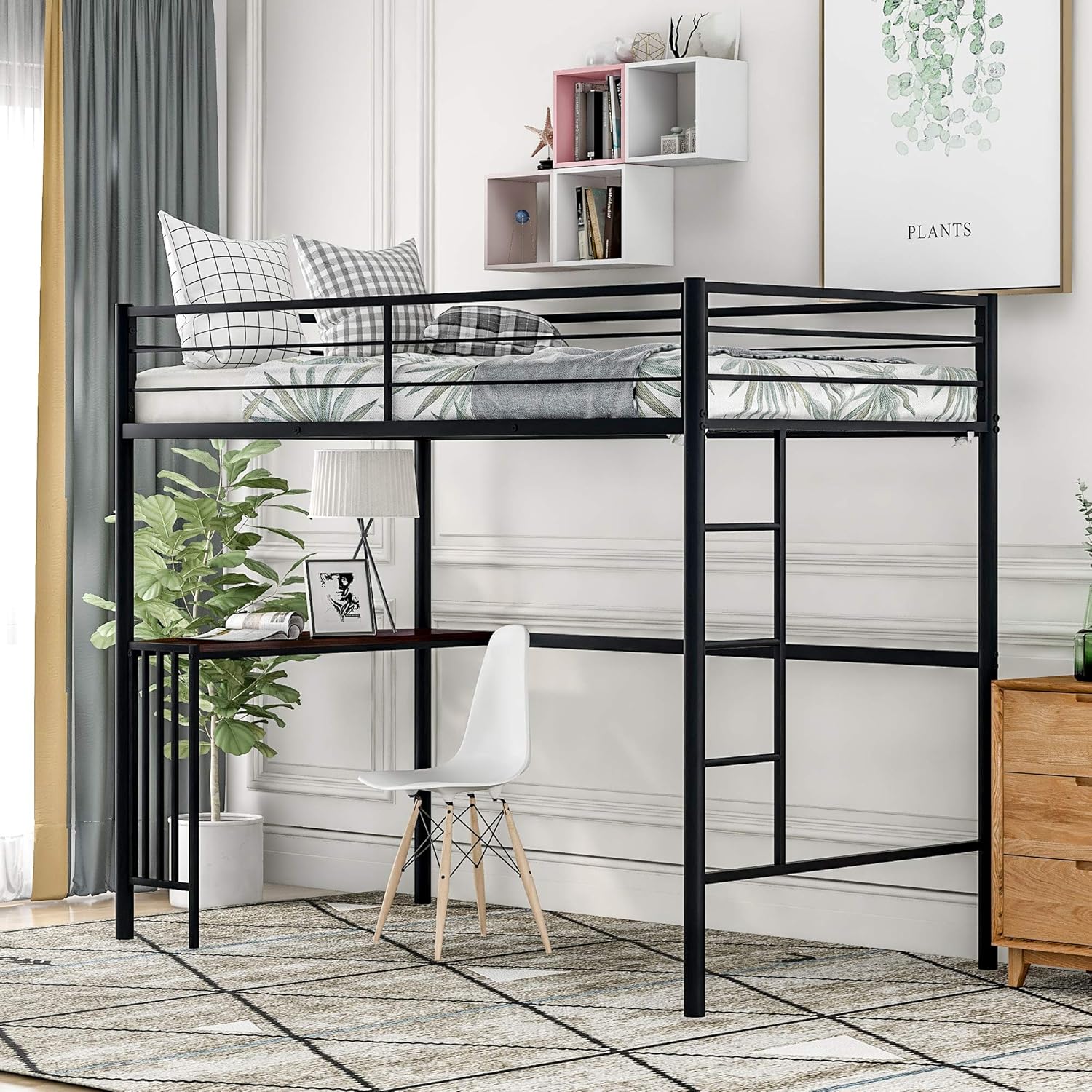 SOFTSEA Twin Metal Loft Bed Frame with Desk and Shelve for Kids/Adults/Teens, Full Length Guardrail (Black+Loft with Desk)