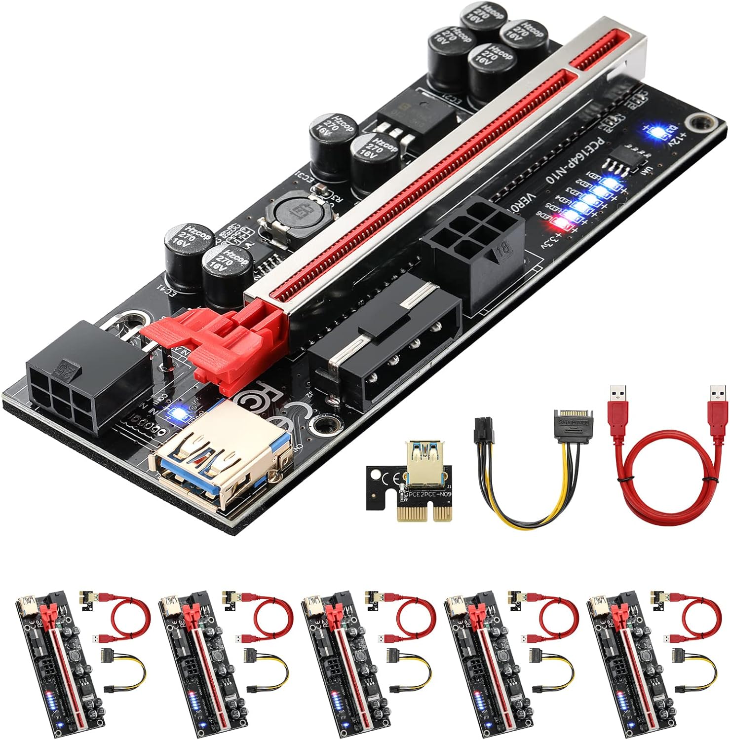 PCI-E 1X to16X Pcie Riser GPU Mining Card, 8 Capacitors, High Powered Pci Riser Adapter Card (Dual-6pin / MOLEX) LED Status,with 24inch USB 3.0 Extension Cable +6Pin SATA Power Cable (VER010s-6Pack) Pack of 2