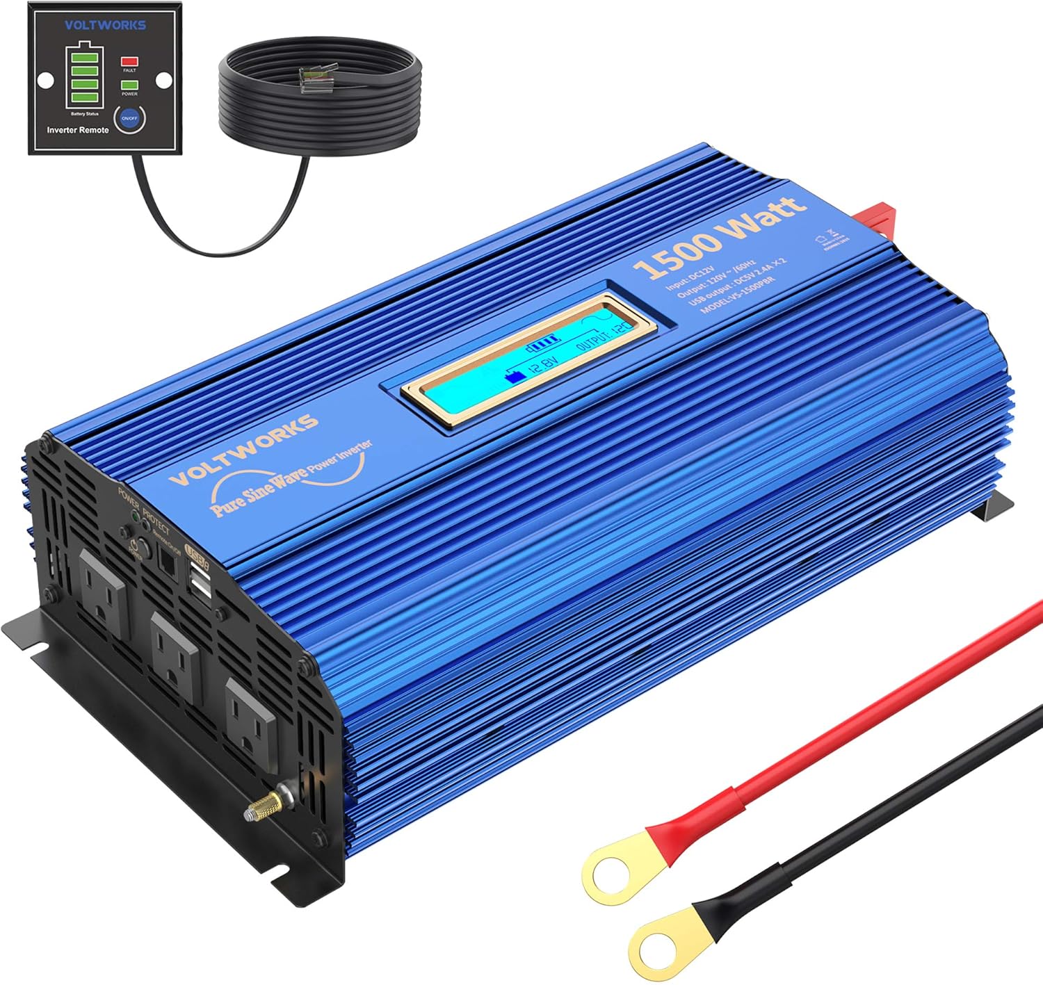 1500W Pure Sine Wave Power Inverter DC 12v to AC 110V-120V with Remote Control LCD Display and 2x2.4A Dual USB Ports 3 AC Outlets for Home RV Truck by VOLTWORKS