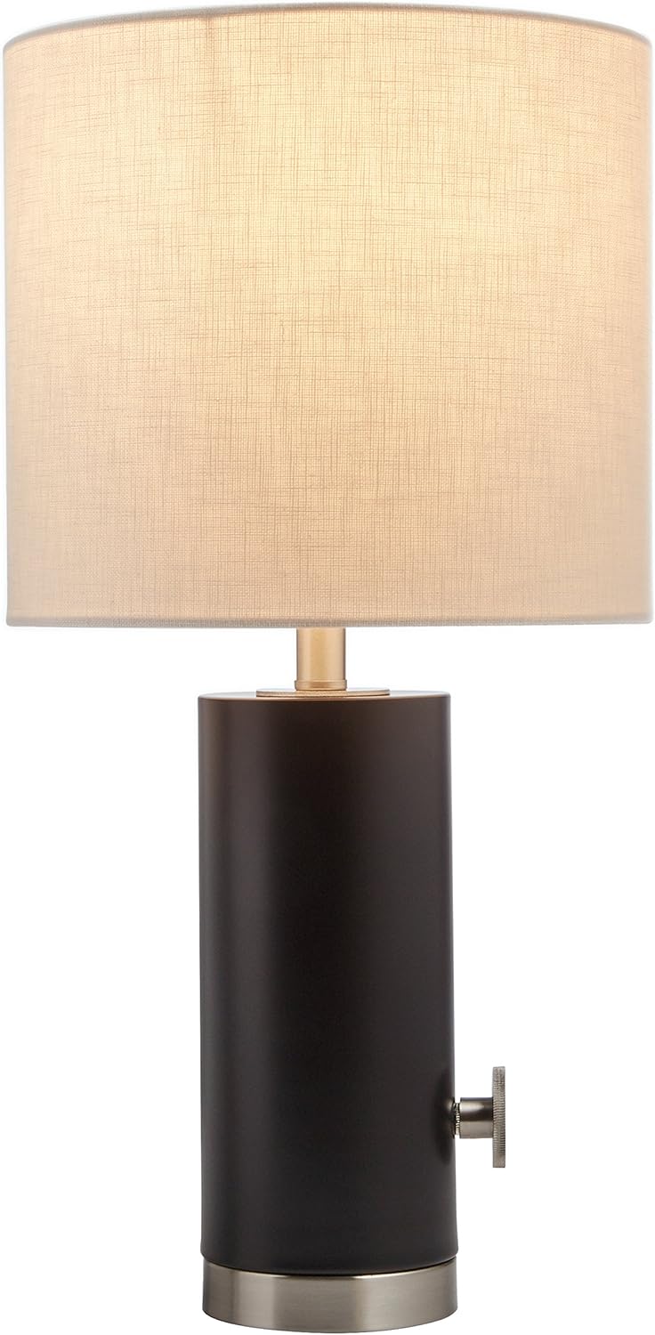 Amazon Brand &ndash; Rivet Mid Century Modern Rubberwood Living Room Table Lamp With Light Bulb - 19 Inches, Black with Linen White Shade