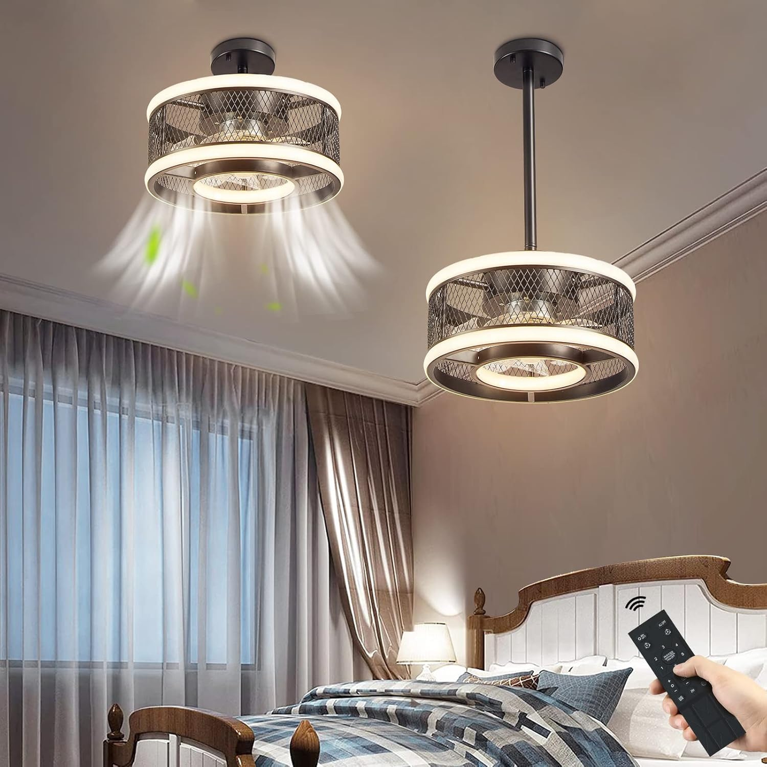 Ceiling Fan with Light, Smart Ceiling Fan Light with Dual Purpose of Celling and Pendant, 3 level Adjustable Wind Speed, Bladeless Ceiling Fan for Bedroom, Living Room, Kitchen (Black)