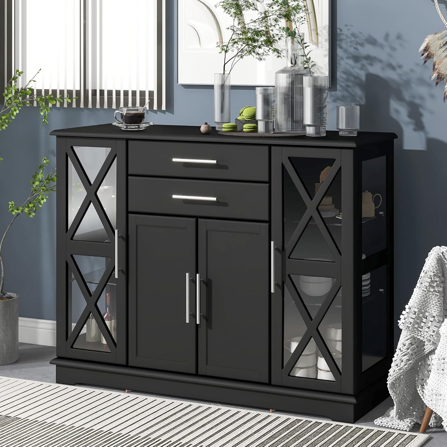 LUMISOL Wood Glass Sideboard Buffet Server, Storage Cabinet with 2 Drawers, 3 Cabinets and X Shaped Glass Doors for Kitchen Room (Black)