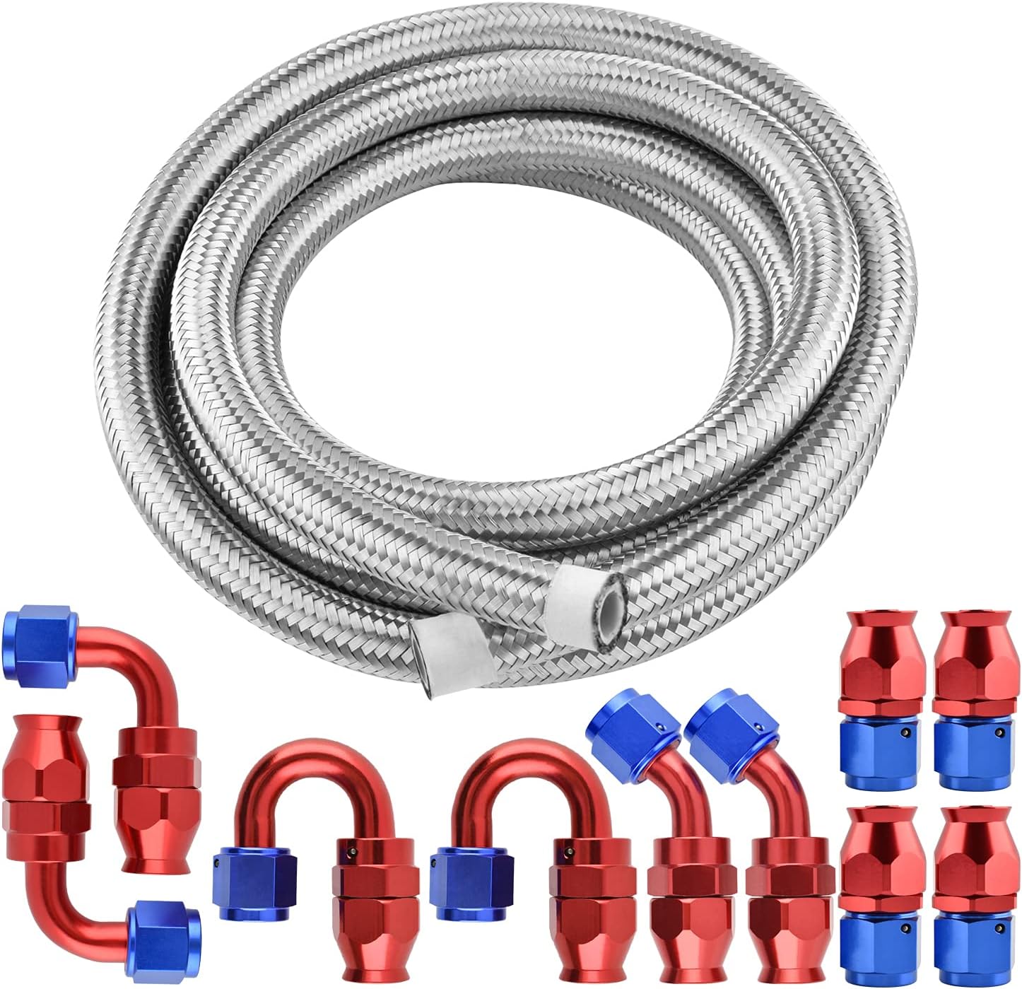 8AN PTFE E85 Hose Braided Fuel Injection Line Fitting Kit AN8 16FT Stainless Steel (Hose ID: 0.394inch) Pack of 2