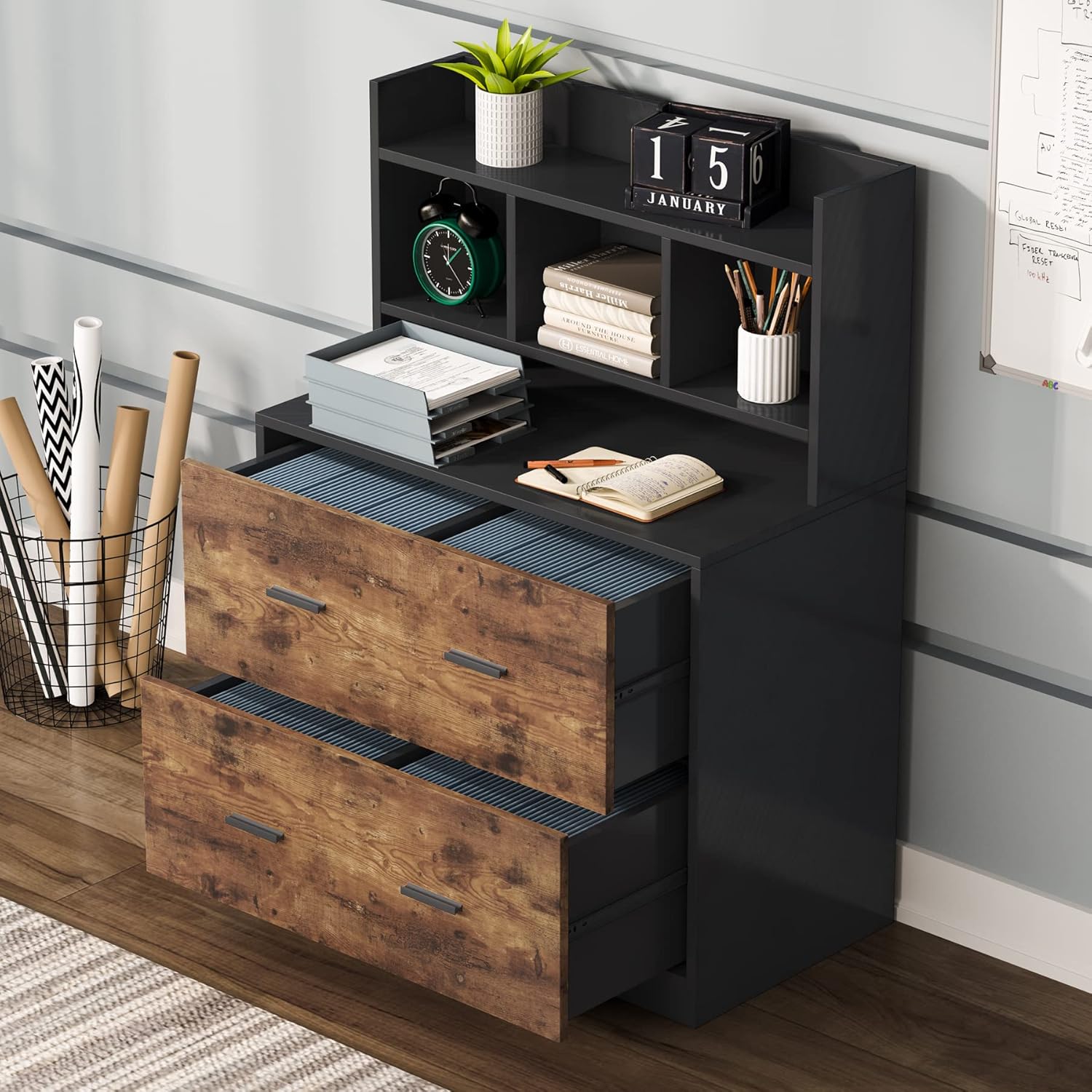 Tribesigns Wood 2 Drawers File Cabinet, Lateral Filing Cabinet with Storage Shelf, Modern Large Office Storage Cabinet for Letter Size or Hanging File Folders, Home Office Cabinet,Black & Rustic