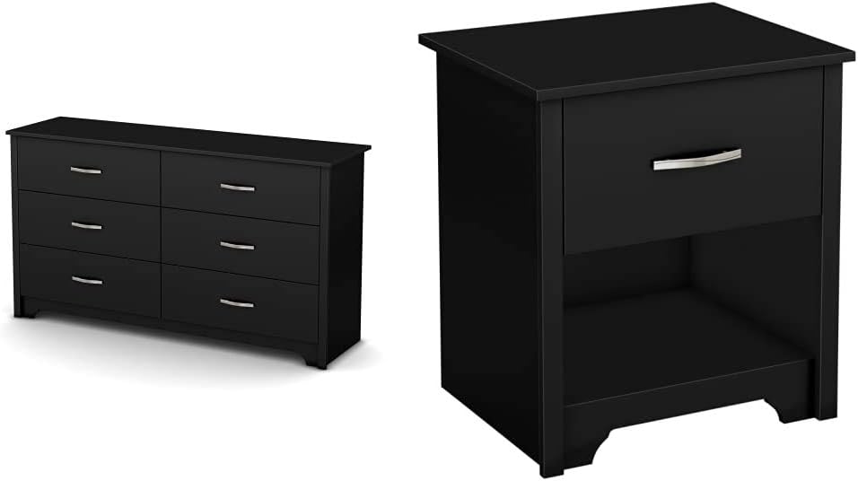 Fusion 6-Drawer Double Dresser Pure Black & South Shore Furniture Fusion 1-Drawer Nightstand-Pure Black-South Shore