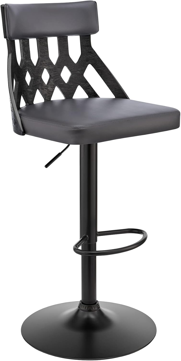 Angelo Adjustable Swivel Grey Faux Leather & Black Wood Bar Stool with Black Base