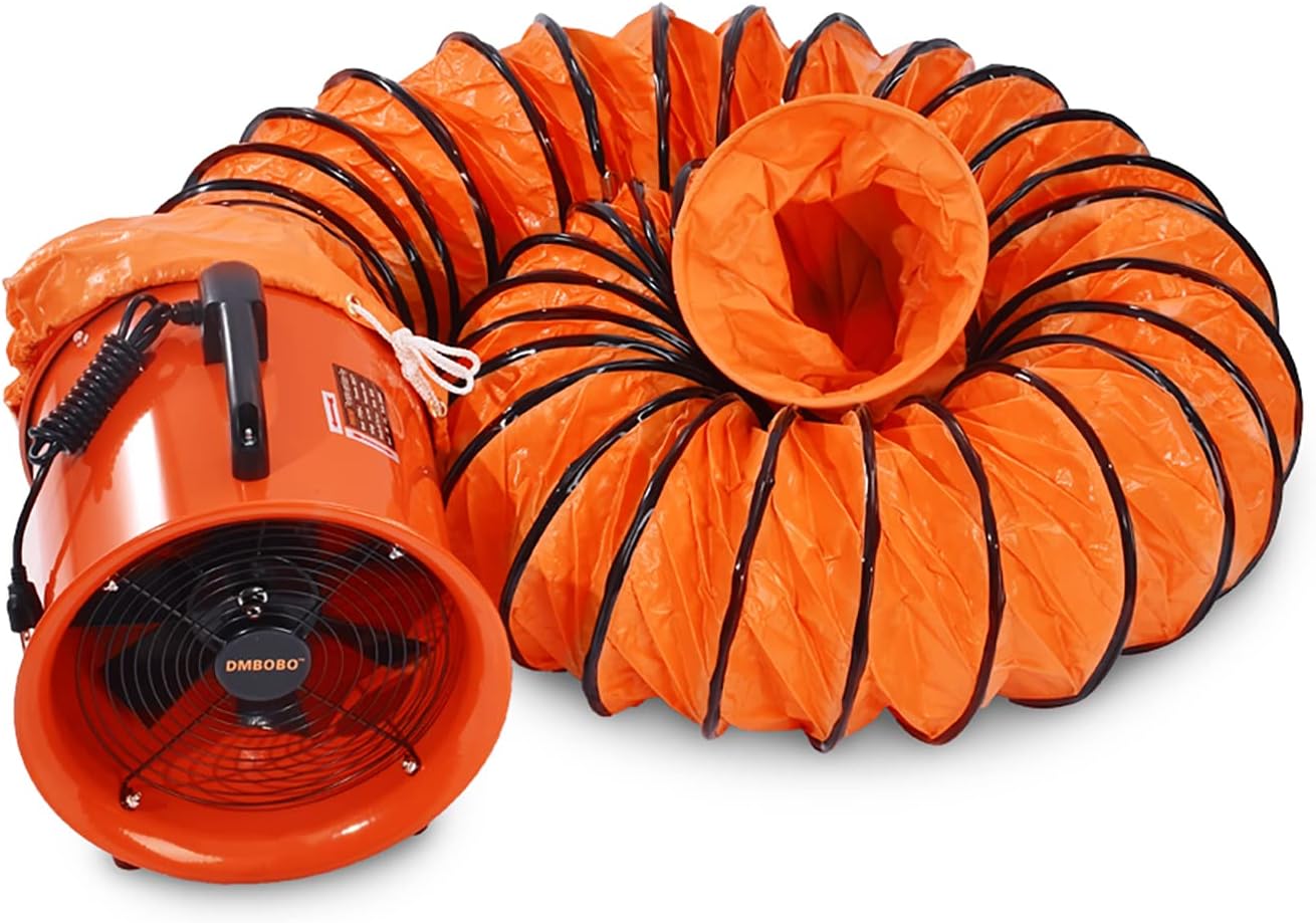 DMBOBO 10 Inch Utility Blower Fan,Portable Ventilation Fan Exhaust,High Velocity Pivoting Ventilator Vent Blower,Fume Extractor 320W Duct Fan w/16ft/5m PVC Ducting Hose for Ventilating and Exhausting,Orange