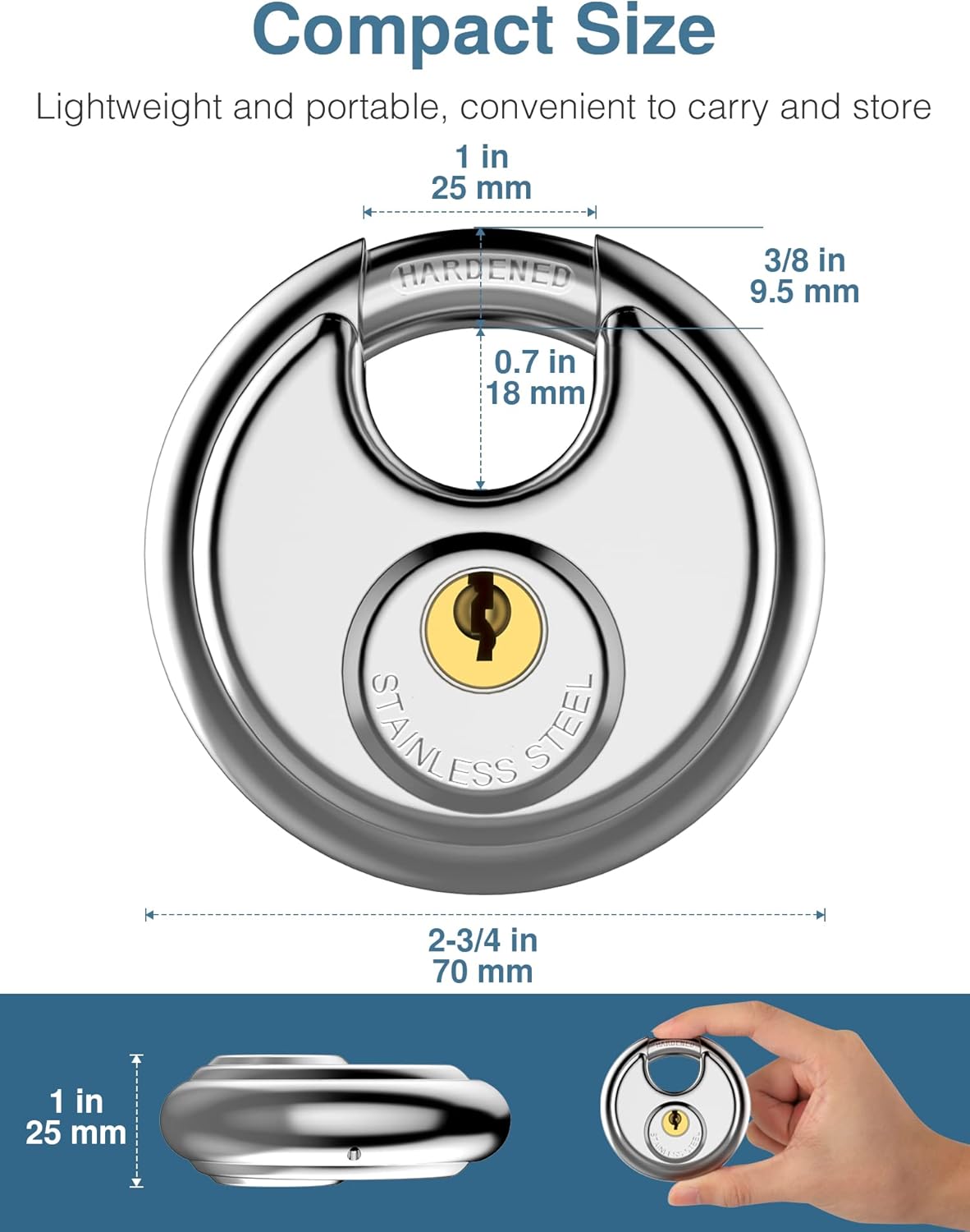Puroma Keyed Padlock, Stainless Steel Discus Lock with 3/8-Inch Shackle for Sheds, Storage Unit, Garages and Fence Pack of 2