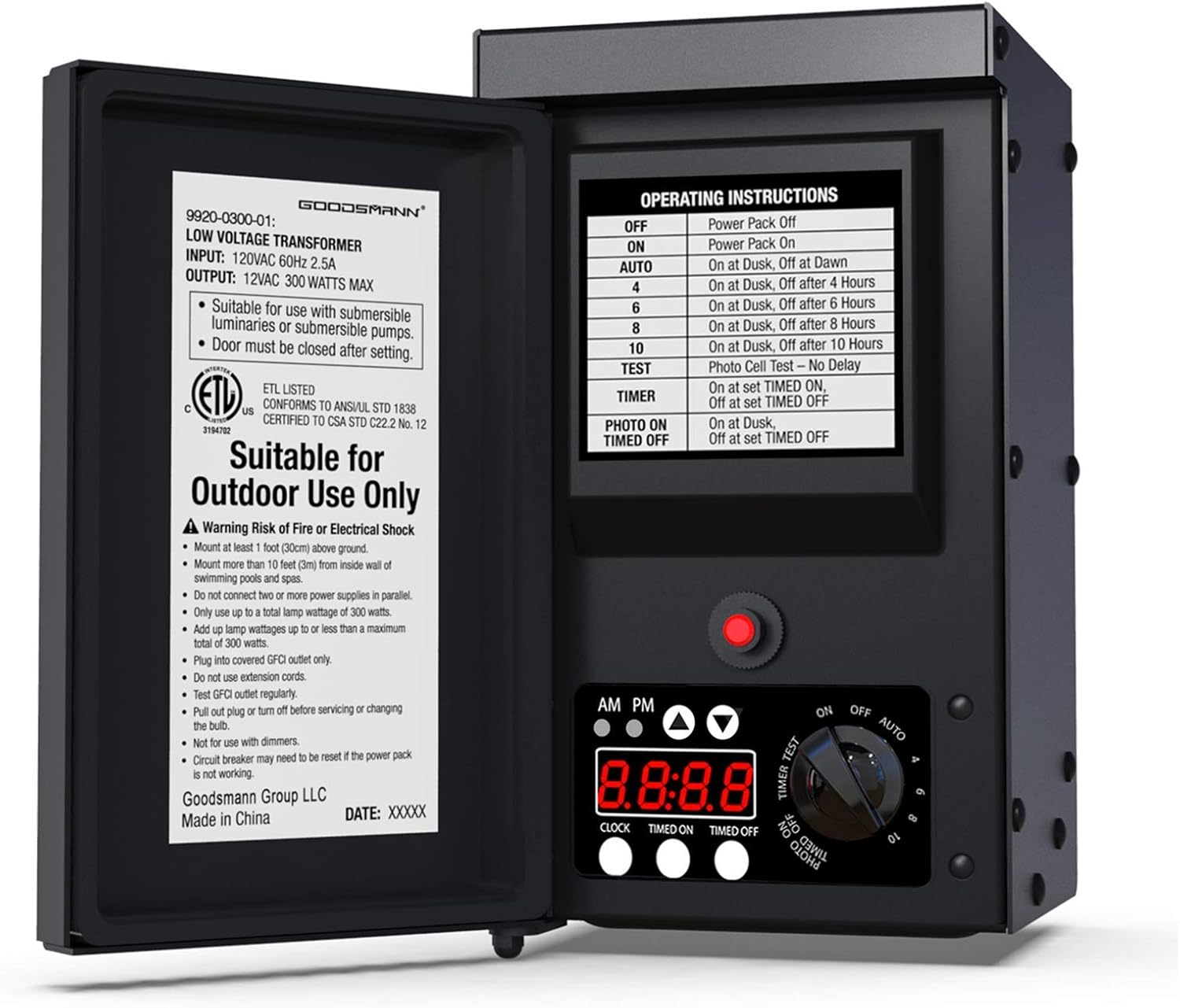 GOODSMANN Low Voltage Transformer 300 Watt with Timer, Photo Eye Sensor and Weather Shield for Outdoor Lighting Metal Transformer 120V AC to 12V AC 9920-0300-01