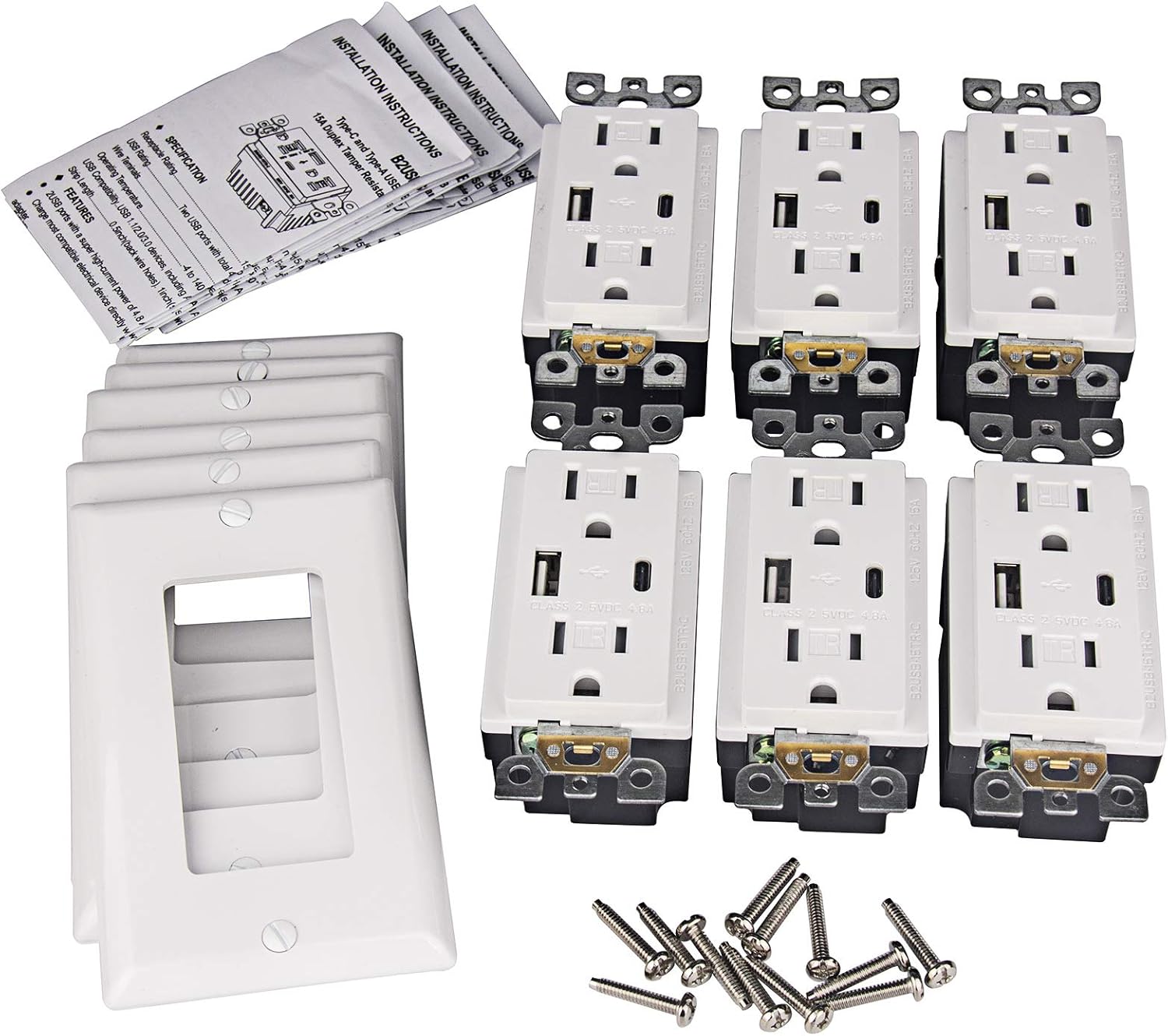 USB C Outlet, 4.8A Type A & Type-C USB In-Wall Charger/Tamper Resistant Outlet, Wall Plate Included, UL Listed (Pack of 6)