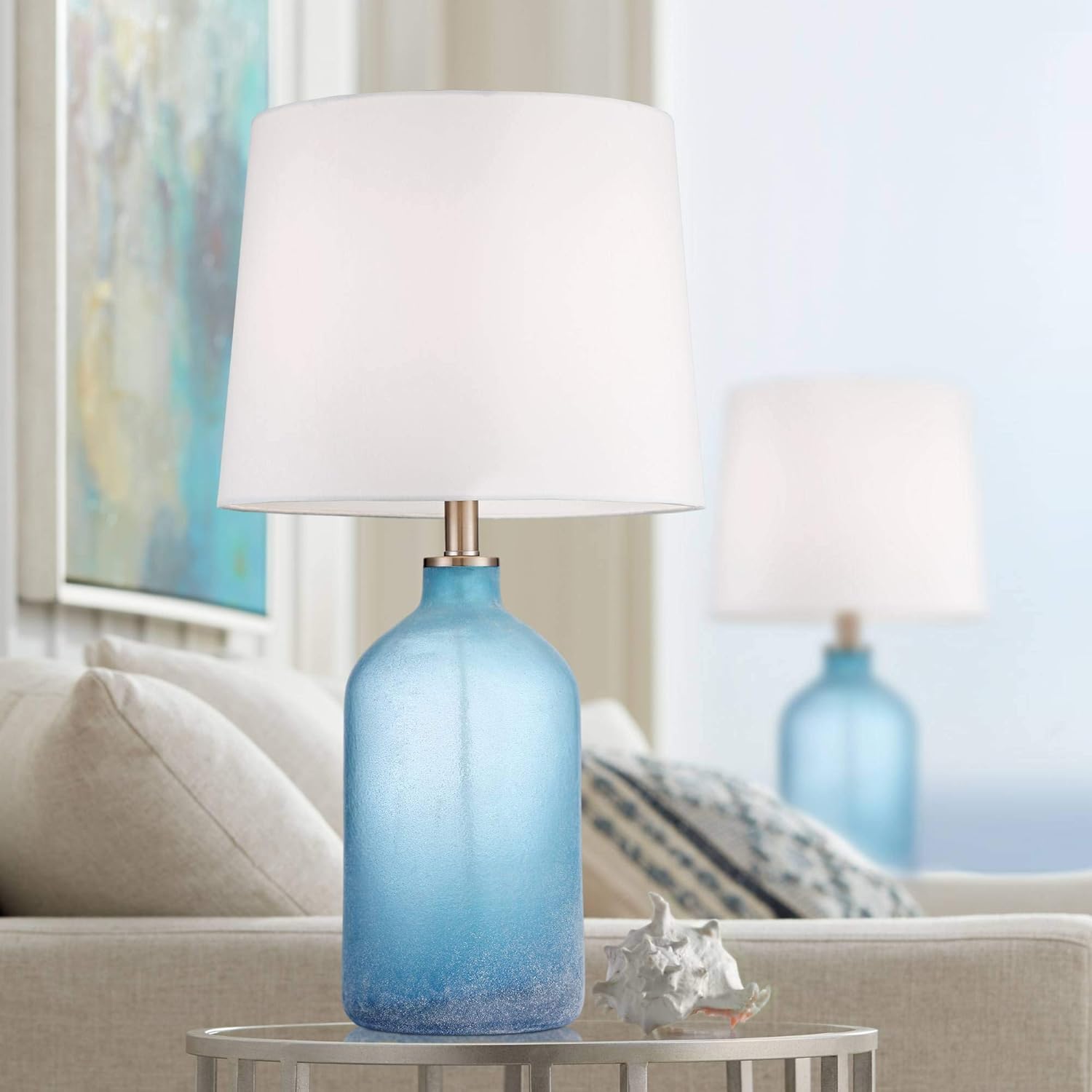Aston Coastal Contemporary Table Lamps Set of 2 Frosted Sea Blue Glass Brushed Nickel White Drum Shade for Living Room Bedroom Beach House Bedside Nightstand Home Office Family - 360 Lighting
