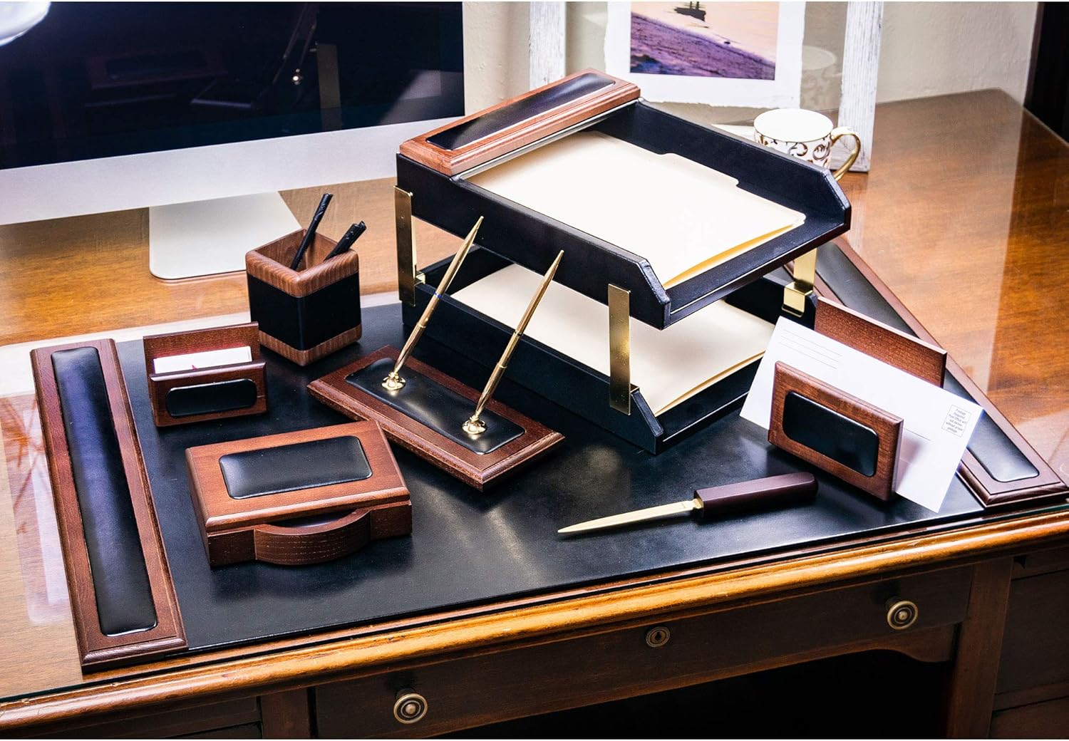 Dacasso Walnut and Black Leather Desk Set, 10-Piece