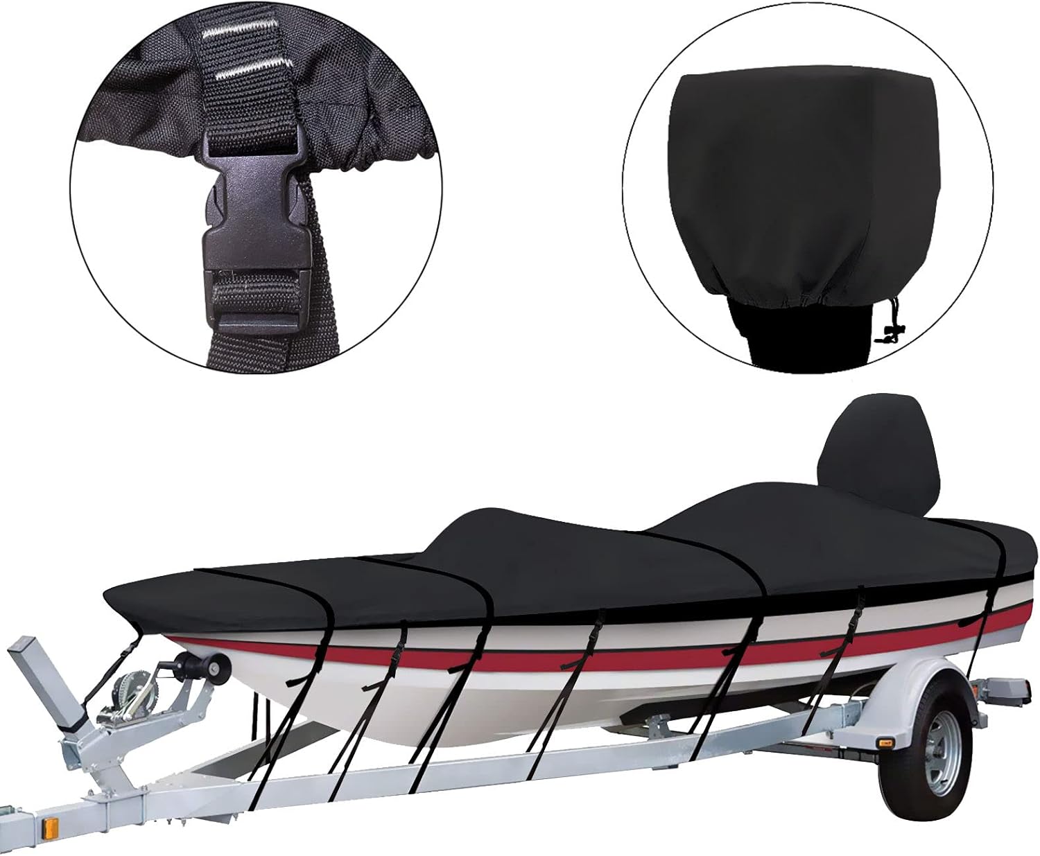 Tuszom 800D Solution-Dyed Bass Boat Cover Marine Grade Polyester Canvas Trailerable Anti-UV Bass Tracker Boat Cover Boats with Upgraded 17 Windproof Straps(16'-18.5'L by up to 98