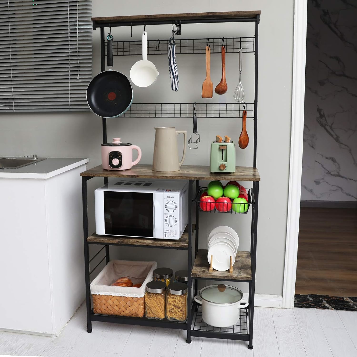 X-cosrack Kitchen Baker's Rack, 68inch Microwave Oven Stand with Pull-Out Wire Basket, 8 Hooks + 15 S Hooks,3 Tier + 4 Tier Utility Storage Shelf with Mesh Panels for Utensils, Pots, Pans, Spices