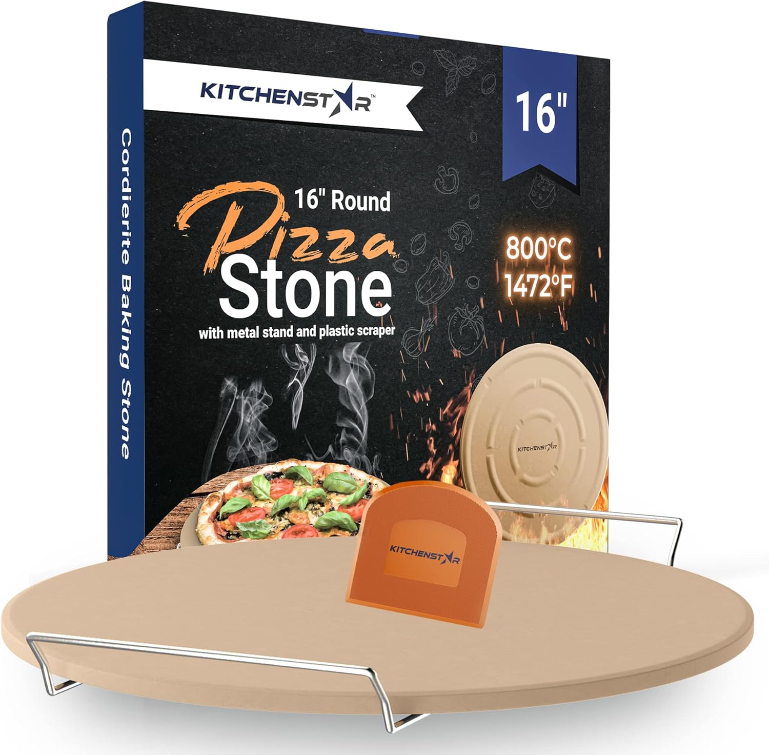 KitchenStar Pizza Stone for Oven 16 inch - Cordierite Baking Stone Set with Stainless Steel Rack and Plastic Scraper - Durable and High-Quality Ceramic Pizza Stones for Grill and Oven
