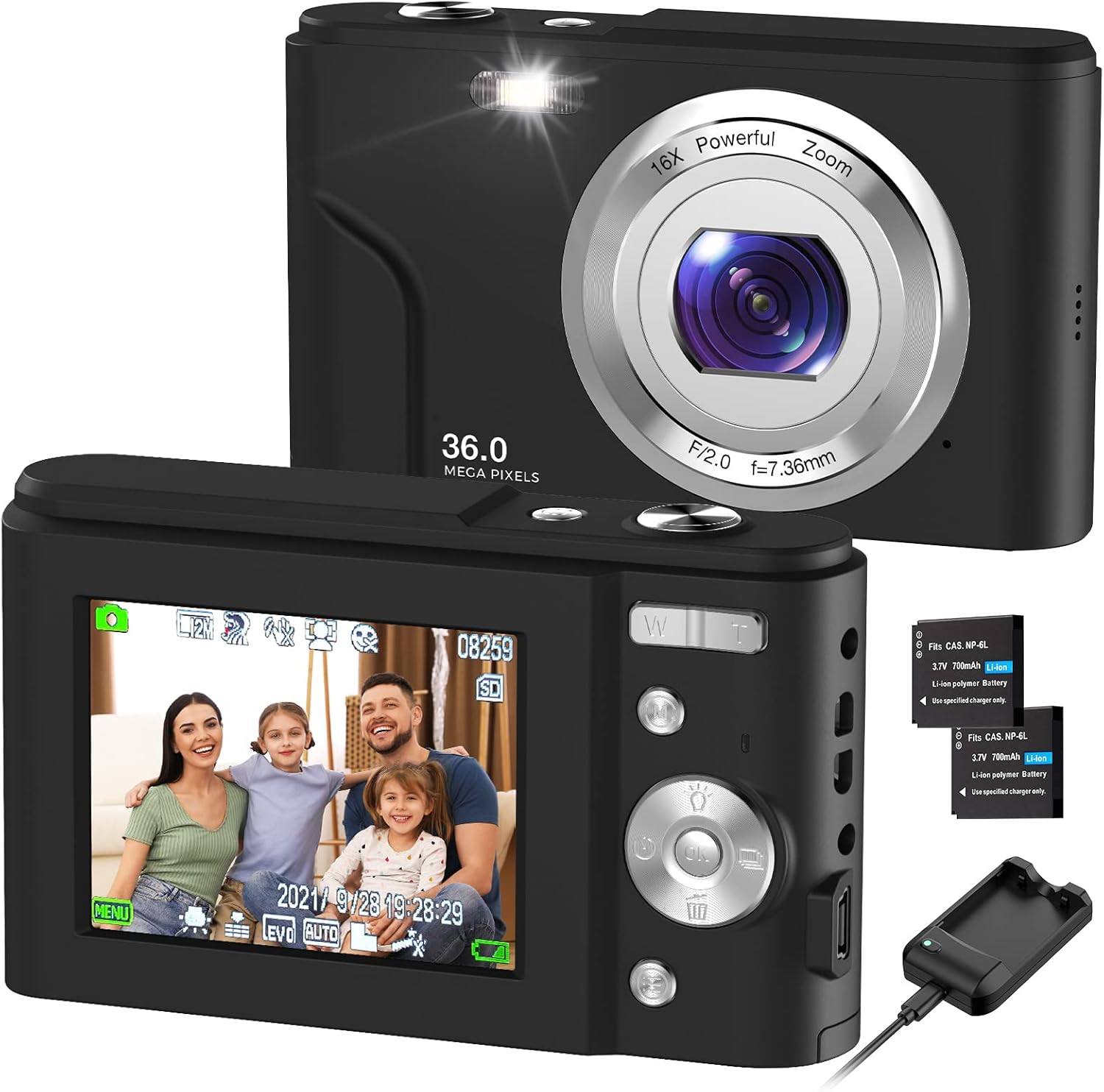 Digital Camera, RUAHETIL FHD 1080P 36MP 2.4 Inch LCD Vlogging Camera for Kids, 16X Zoom 2 Charging Modes Kids Compact Camera Point and Shoot Camera for Kids Teens Students Beginners（Blue） Pack of 2