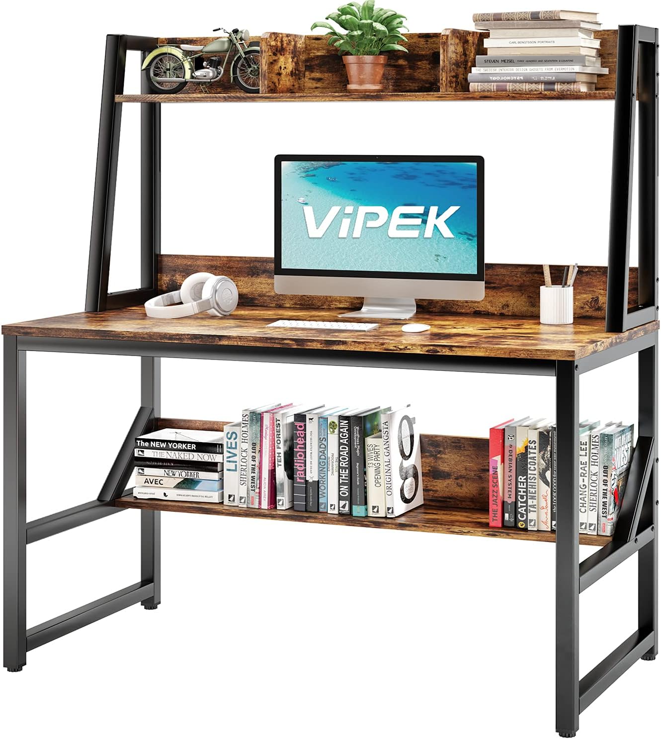 VIPEK Computer Desk with Hutch and Storage Shelves, 47 inch PC Table Study Writing Desk for Home Office, Space Saving Design, Rustic Brown
