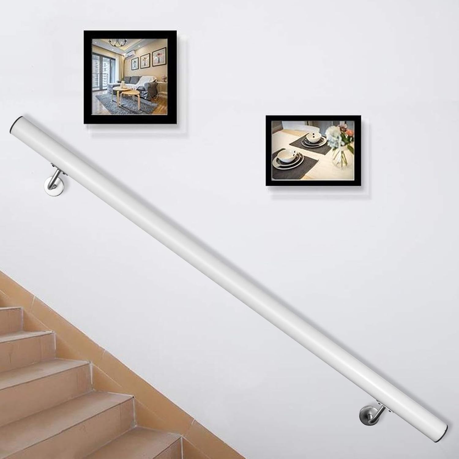 Happybuy Stair Handrail 4ft Length, Stair Rail Aluminum, Modern Handrails for Stairs, 200lbs Load Capacity, Stairway Railing, Round Steel Pipes Hand Rails for Indoor Stairs Wall Mount Staircase White Pack of 2