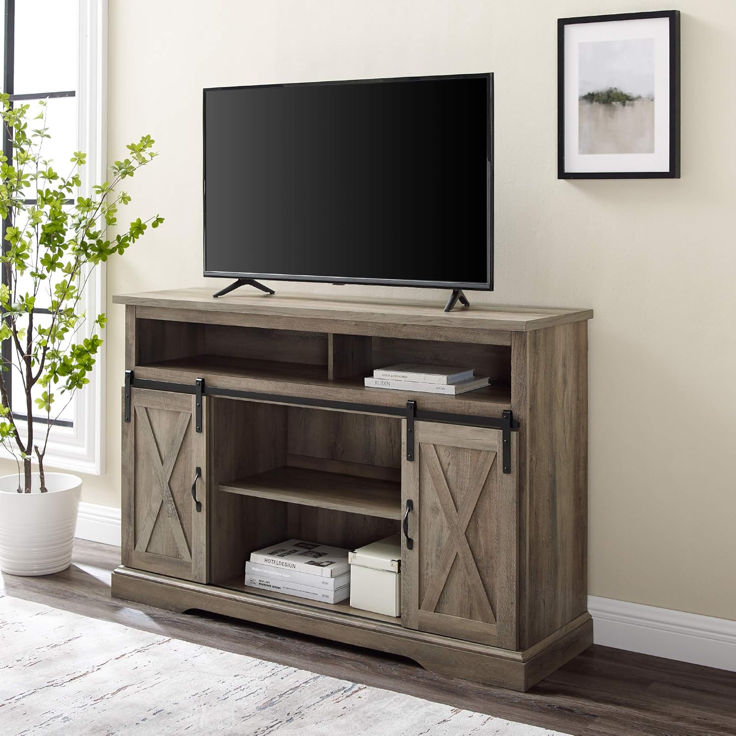 Home Accent Furnishings New 52 Inch Highboy Sliding Barn Door TV Console with Grey Wash Finish