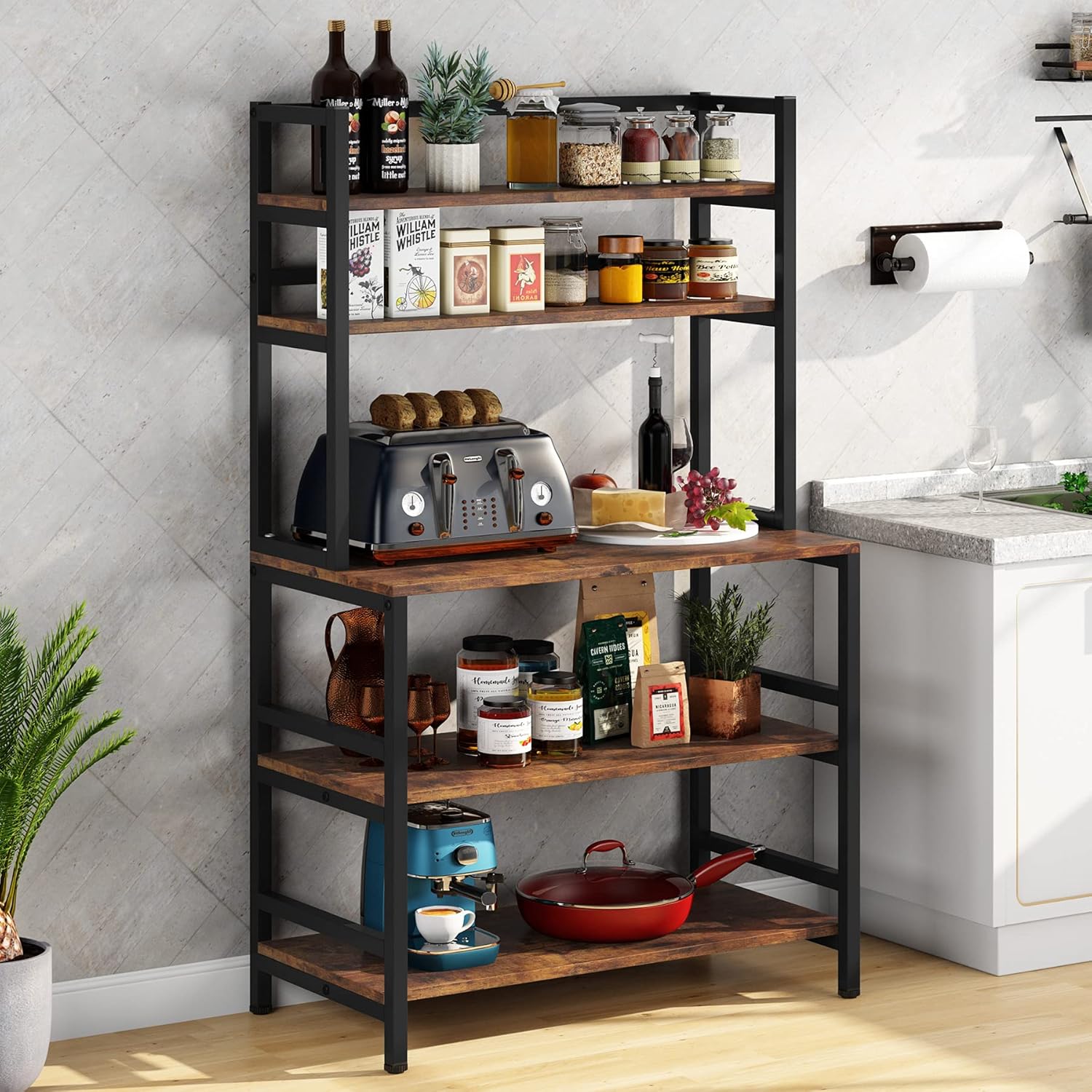 Tribesigns Bakers Rack with Hutch, Microwave Oven Stand, 5-Tier Kitchen Utility Storage Shelf, Height Free Standing Kitchen Organizer for Spices, Pots, Pans and Oven (Rustic Brown)