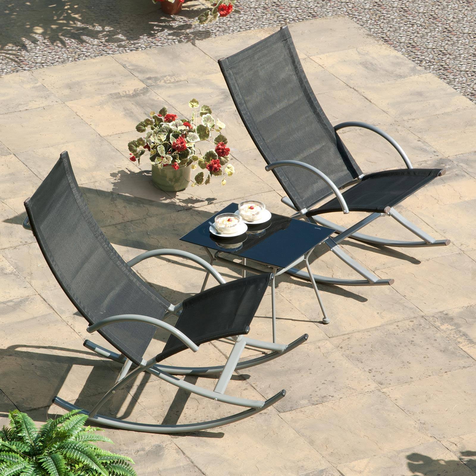Transcontinental 3-Piece Black Outdoor Rocking Chair and Table Set