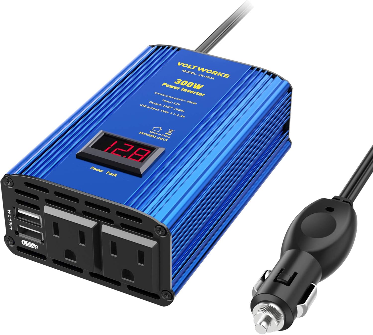 Power Inverter 300W Car Inverter DC 12V to 110V AC Converter with LED Display & 2x2.4A Dual USB Car Adapter Charger by VOLTWORKS