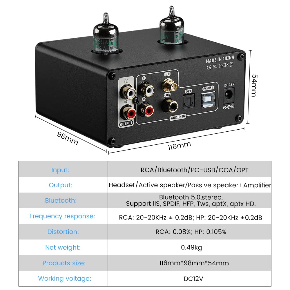 AIYIMA T10 JAN5654 Tube Vacuum Preamplifier Audio Decoder Bluetooth 5.0 HiFi Headphone Amp with PC-USB APTX Coaxial Optical Input & OLED Display for Home Audio Amplifier