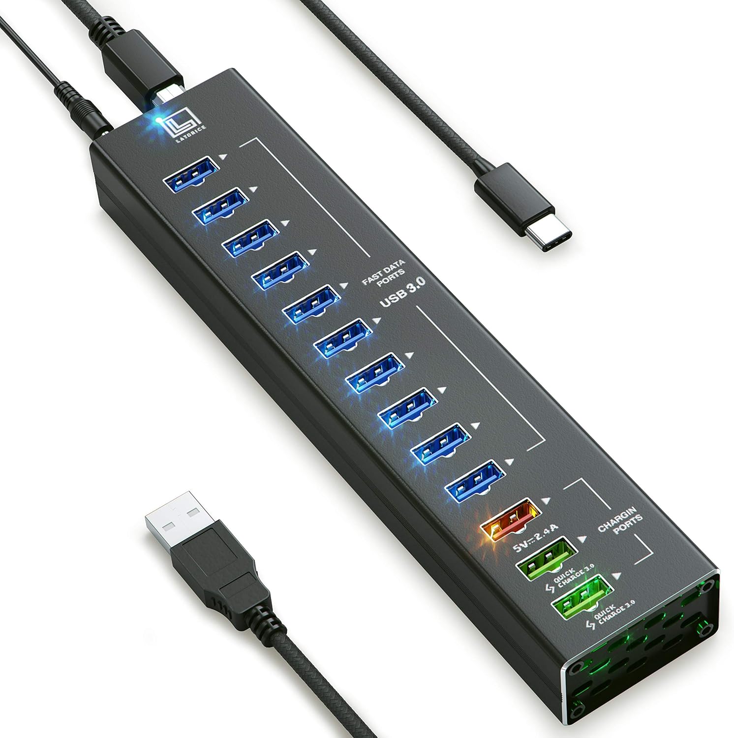 USB Hub Powered, 13 Multi-Port USB Hub with 10 USB 3.0 Ports, 2 IQ Quick Charge 3.0 Ports, and Port with up to 2,4A, Powered USB Splitter with Cords C and A, Unibody Aluminum USB HUB - by LATORICE Pack of 2
