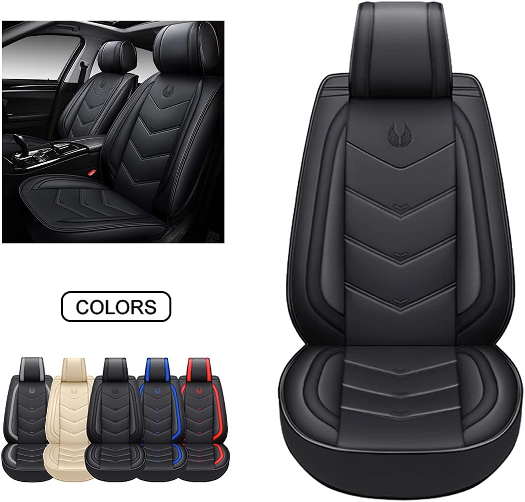 OASIS AUTO OS-003 Leather Car Seat Covers, Faux Leatherette Automotive Vehicle Cushion Cover for Cars SUV Pick-up Truck Universal Fit Set for Auto Interior Accessories (OS-003 Front Pair, Black&Gray)