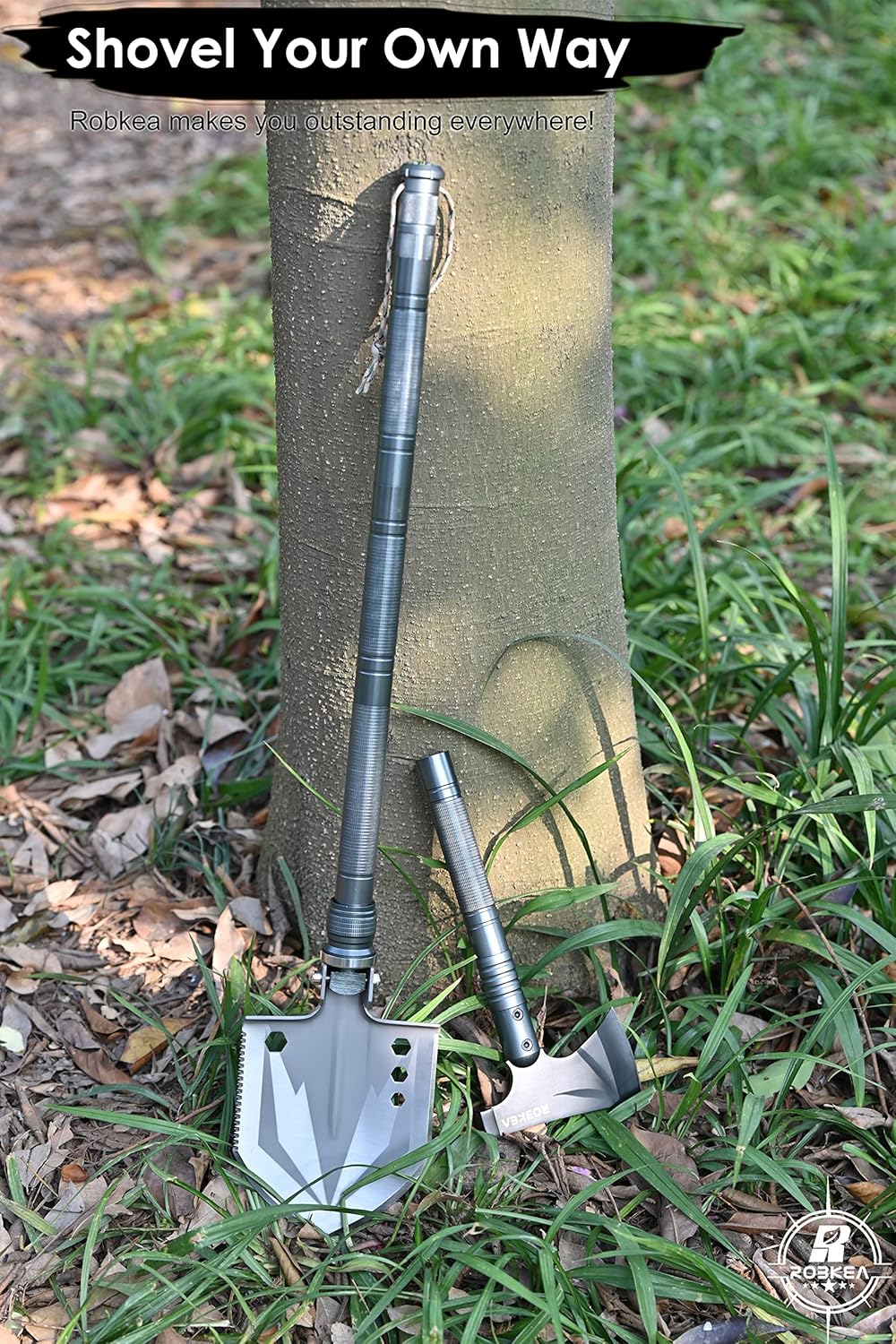 Robkea, 30 in 1 Survival Shovel with Multifunctional Axe, Camping Folding Shovels Hatchet with16.7-38.9 inch Lengthened Handle, Tactical Accessories for Hiking, Hunting, Backpacking, Trenching