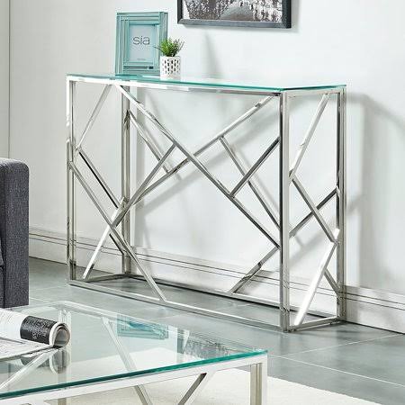 Modern Tempered Glass Top Accent Console Table with Geometric Chrome Base