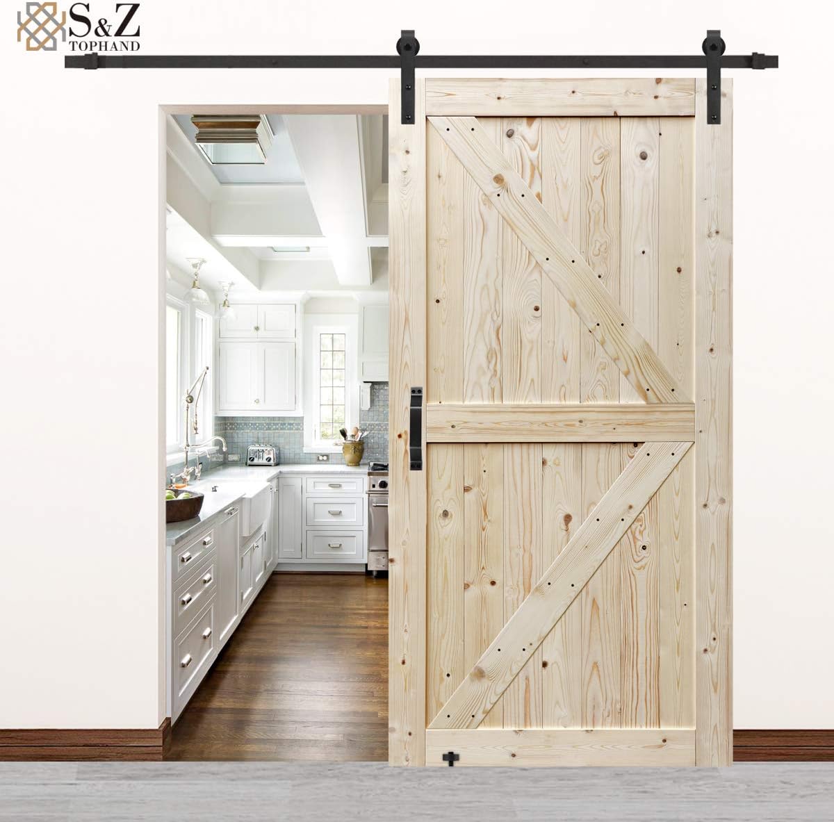 S&Z TOPHAND 42 in. x 84 in. Unfinished British Brace Knotty Barn Door with 8FT Sliding Door Hardware Kit/Solid Wood/Sliding Door/Double Surfaces/A Simple Assembly is Required (42, Door+J Shape)