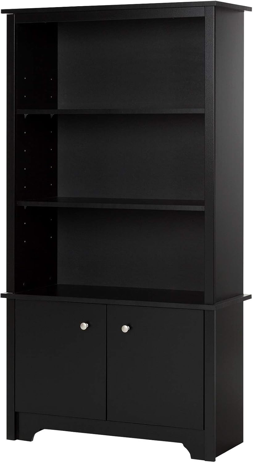 South Shore Vito Tall 3-Shelf Bookcase with 2 Doors, Pure Black with Metal Knobs