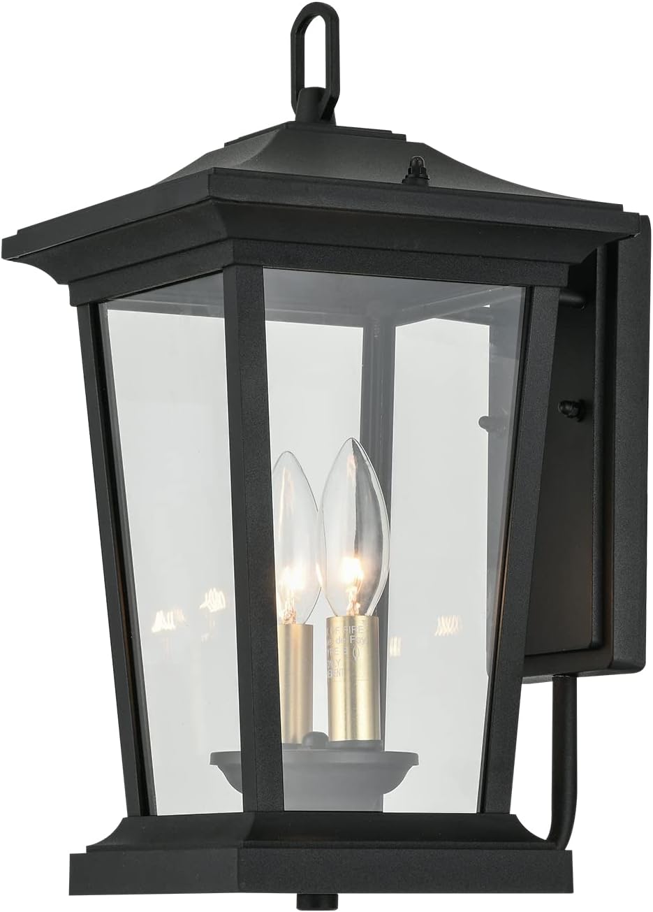 Smeike Outdoor Wall Sconce, Exterior Wall Mount Lighting Fixture with 2 Lights, Patio/Porch Lantern Light Fixtures in Matte Black and Gold Finish with Clear Glass, 40W