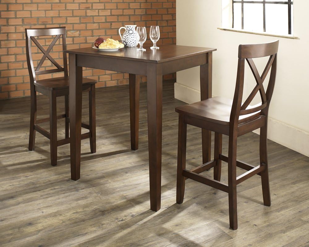 Crosley Furniture 3-Piece Pub Set with Tapered Leg Table and X-Back Stools, Vintage Mahogany