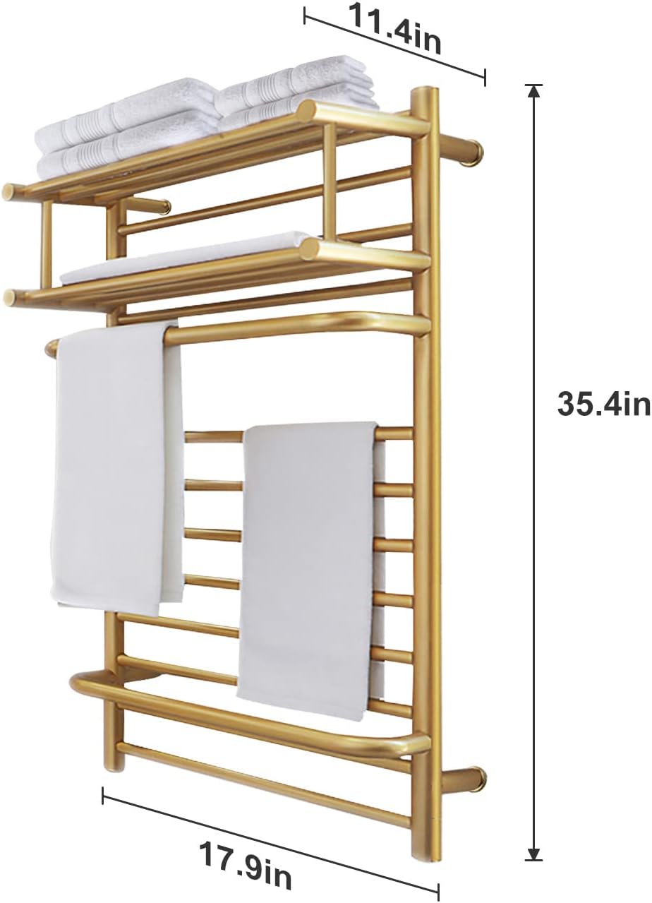 Towel Warmer, Heated Towel Warmer for Bathroom, Wall Mounted Hot Towel Racks with Top Shelf, Stainless Steel Heated Towel Drying Rack, Hardwired/Plug-in (Gold) (Plug-in)