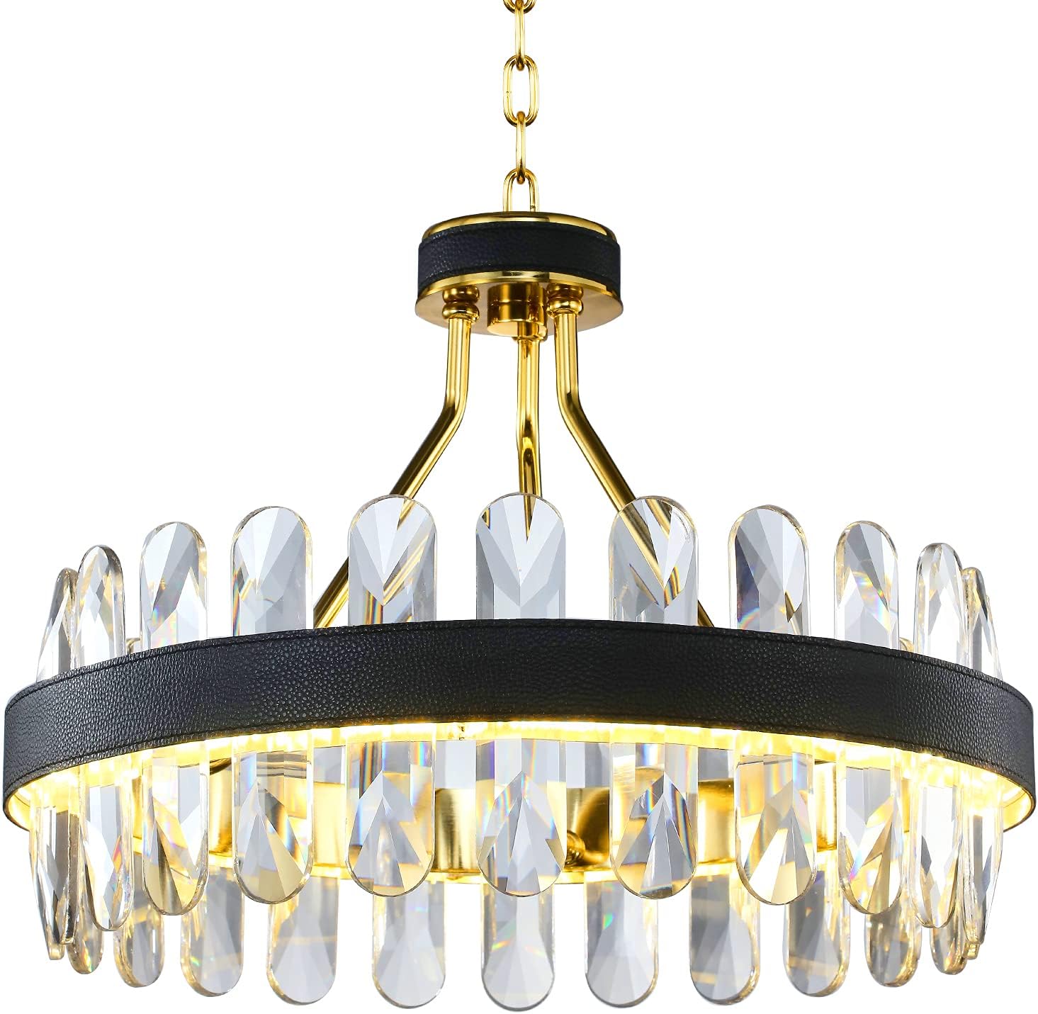Luxury Crystal Chandelier, Elegant Black Leather Crystal Chandelier Classical Round LED Chandelier for Living Room Dining Room D19.6